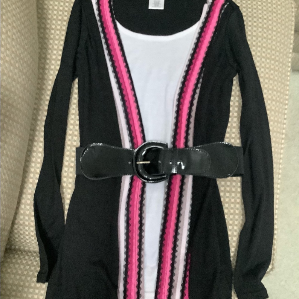 Long black light weight elastic/patent belted cardigan with attached white tank